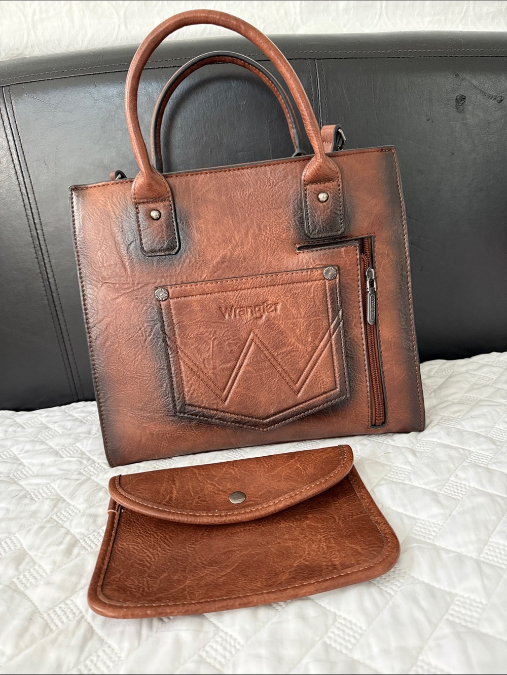 Wrangler Rustic Brown Leather Satchel with Matching Pouch